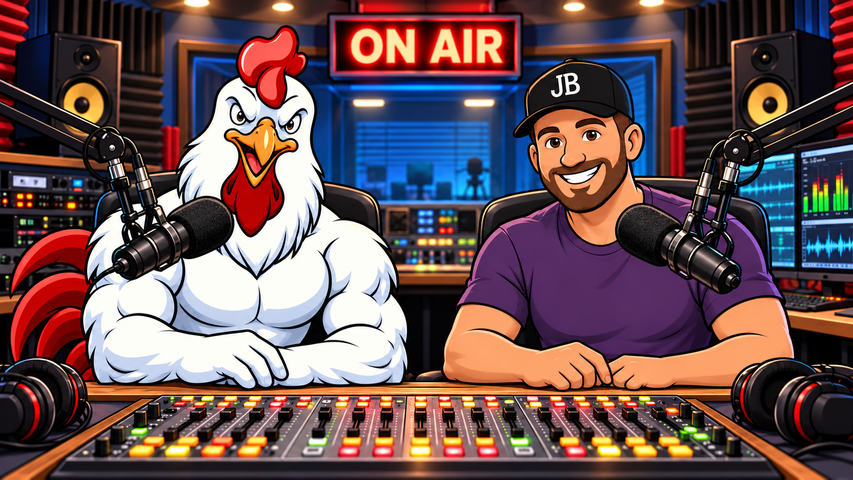 Jim Beans and DJ Rooster behind the microphones in their radio studio